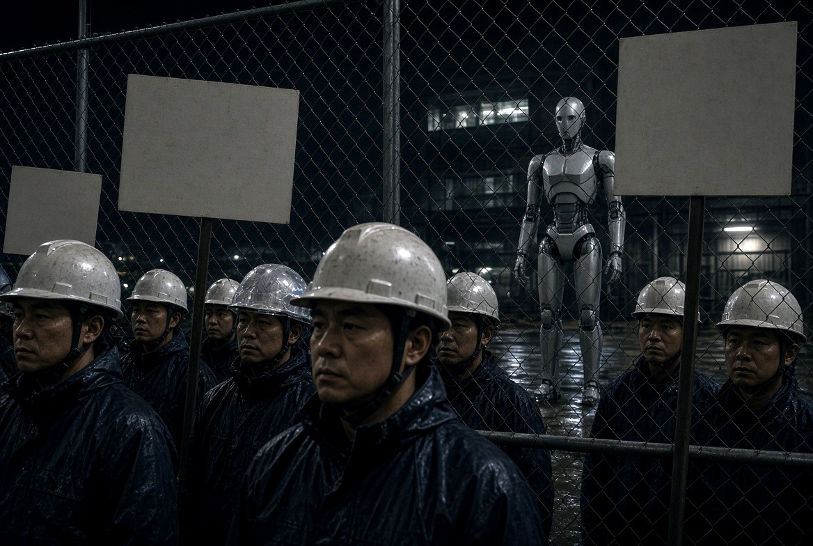 Strikers at the gate. A humanoid behind the fence.